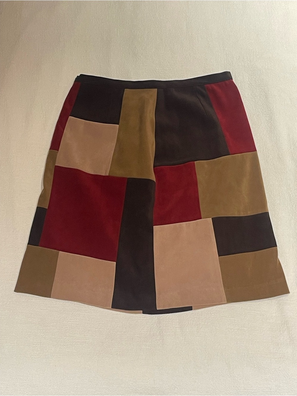 Patchwork Suede A-Line Skirt in Burgundy, Tan, Brown & Black